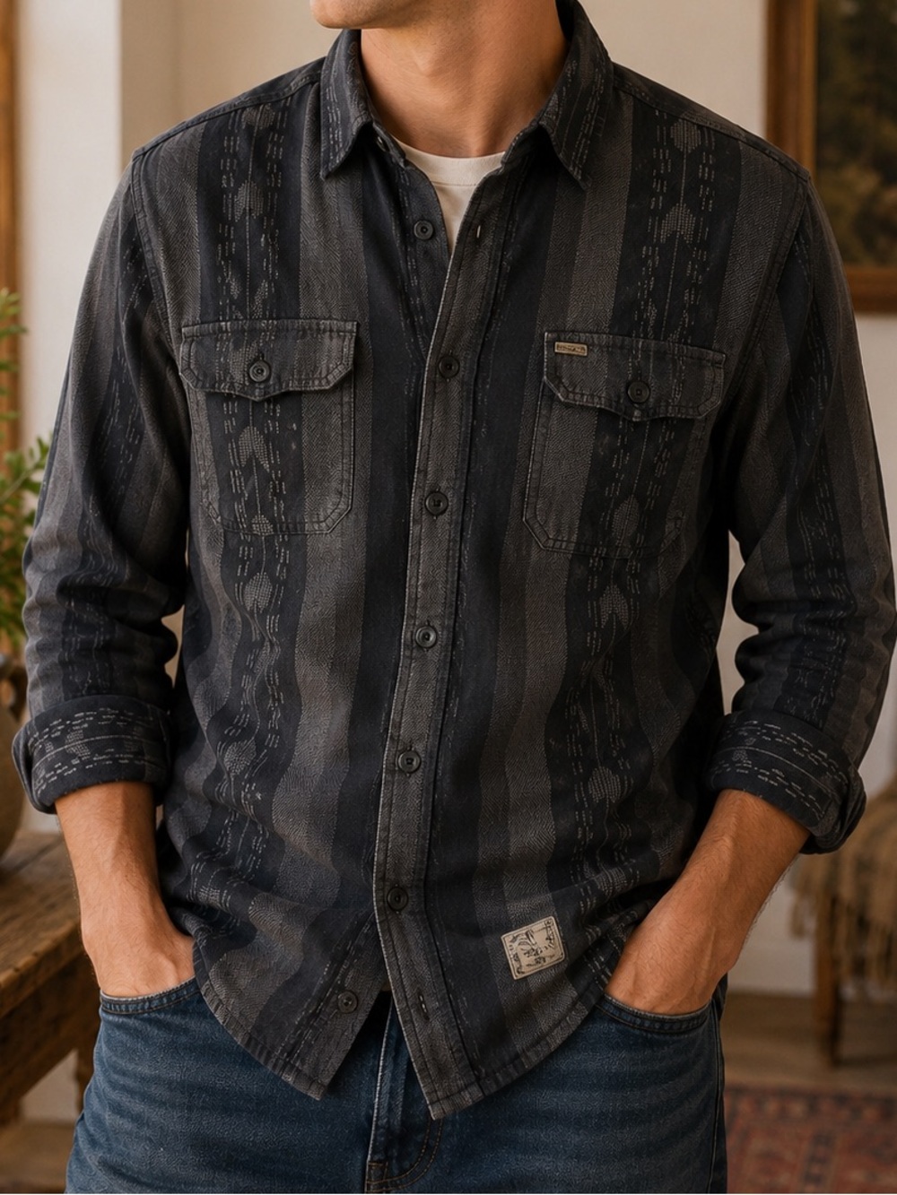 Vans Off The Wall Tribal Stripe Button-Up Shirt Men’s Small Black Gray